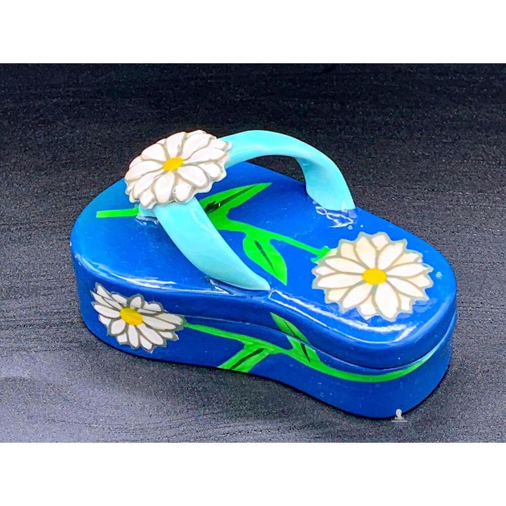 Cute Collectible Flip Flop Trinket Box -Blue Daisy Sandal -Hand Painted Keepsake